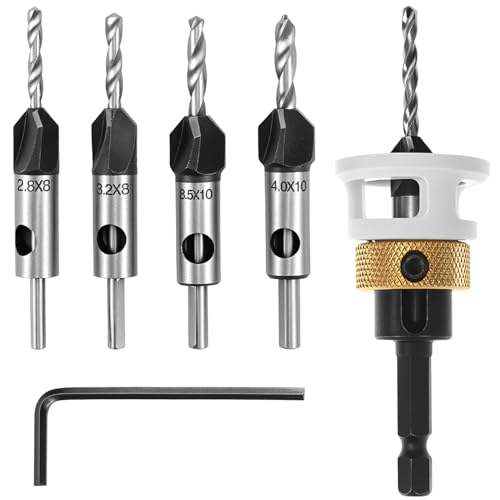 QWORK® 6-teiliges Bohrer-Set mit Tiefenanschlag, Ø2,8/3,2/3,5/4 mm x 8 mm, HSS-M2 Holzbohrer für präzise Senkbohrungen, 1/4" Hex Schaft von QWORK