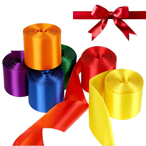 QWORK® 60m Regenbogen-Satinband, 50mm Breite, 6 Rollen – Bunte Stoffbänder für Geschenkverpackungen, Dekor & DIY-Projekte von QWORK