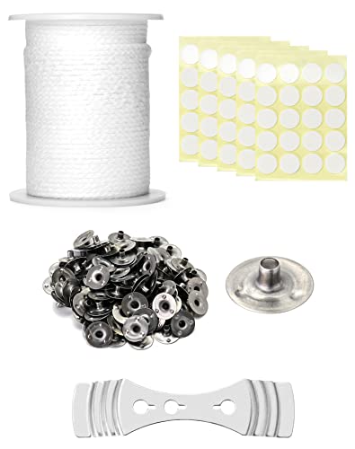 QWORK® 61M Kerzendocht, mit 100 Stück Metallbasen, 100 Stück Docht Aufkleber, 1 Stück Metallhalterung, für Die DIY Kerzenherstellung von QWORK