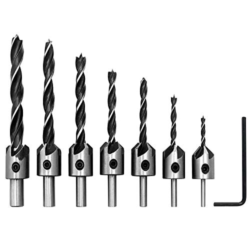 QWORK® 7tlg Bohrer mit Senker, Holzbearbeitungs Senkbohrer Set mit Sechskantschlüssel für Holzverarbeitung Kunststoff, 3/4 /5/6 / 7/8 / 10mm von QWORK