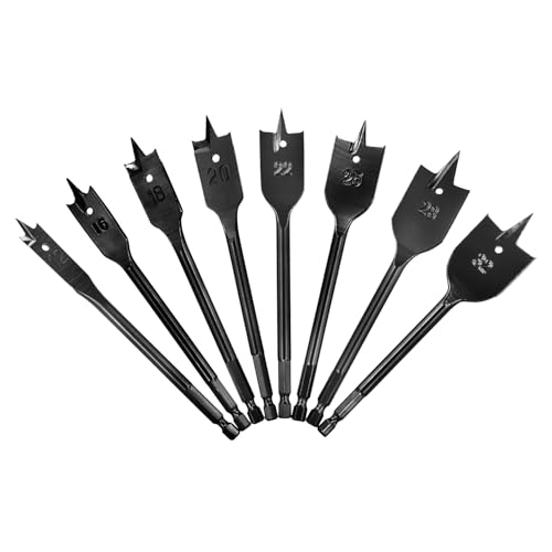 QWORK® 8 Stücke Flachfräsbohrer Set, 12-32 mm Flacher Holzbohrer mit 1/4 Zoll Sechskantschaft, Spatenbohrer aus Karbonstahl mit Tragbarem Koffer von QWORK