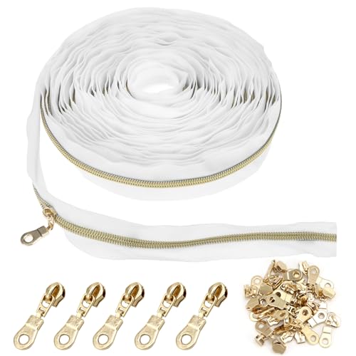 QWORK® 9 m x 3,2 cm Endlos-Reißverschluss goldfarben, 6 mm Spirale, inklusive 25 goldfarbene Nonlock-Zipper von QWORK