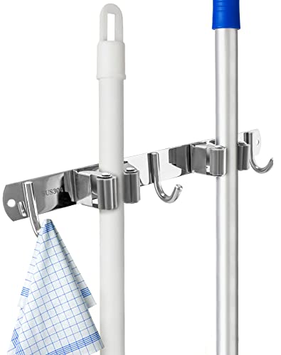 QWORK® Besenhalterung Wand Ohne Bohren Edelstahl Gerätehalter mit 2 Halter und 3 Haken für Zuhause Küche Badezimmer Garage Garten von QWORK