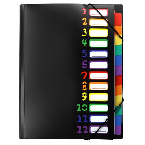 QWORK® Dokumentenmappe A4 mit 12 Fächern, Fächermappe Sortiermappe Wasserdichte PP Kunststoff Ordnungsmappe mit Gummizug von QWORK