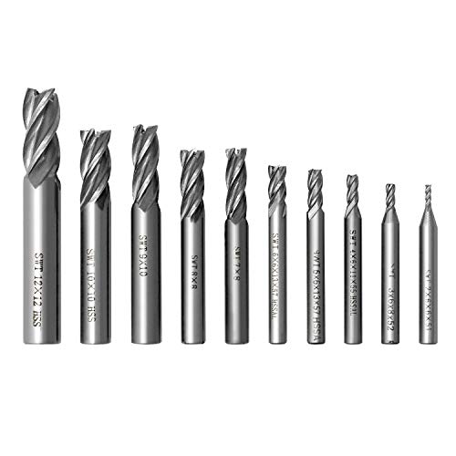 QWORK® Schaftfräser mit 4 Rillen, Bohraufsätze Cutter Metall Fräser Bohrer Sets für Holz, Aluminium, Stahl, Titan, CNC-Fräsen, 10 Stück 2, 3, 4, 5, 6, 7, 8, 9, 10, 12mm von QWORK