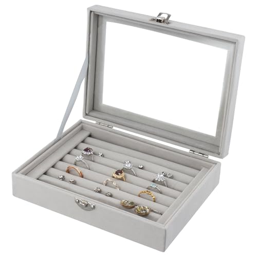 QWORK® Schmuckschatulle, Schmuckkästchen Samt mit Transparenter Abdeckung, Ring Organizer mit 7 Fächern, für Privathaushalte, Juweliergeschäfte und Accessoires-Läden von QWORK