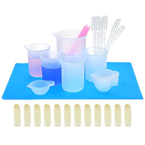 QWORK® Silikon Messbecher Set, 250ml & 100ml Becher für Harz, Inkl. Rührstäbchen, Silikonmatte, Fingerlinge und Transferpipette von QWORK