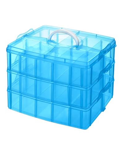 QWORK® blaue Aufbewahrungsbox mit Fächern, Fächer Sortierbox, mit 3 Ebenen und 30 verstellbaren Fächern, für Kunsthandwerk, Schmuck und kleine Gegenstände von QWORK