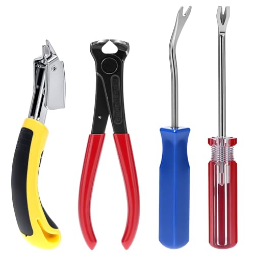 QWORK 4 Stück Heftklammerentferner Werkzeug und Nagelabzieher Set, Endschneidezange, V Tip & U Tip Tack Pullers, Klammerentferner für Möbel Boden Wand Auto von QWORK