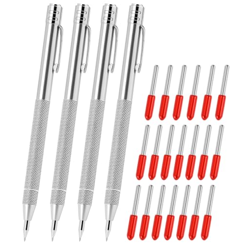 QWORK Anreißnadel mit Wolframkarbidspitze, 4 Stück, mit Magnet, Ätz-Gravierstift mit 20 Ersatz-Markierungsspitzen für Glss-Metallbleche von QWORK