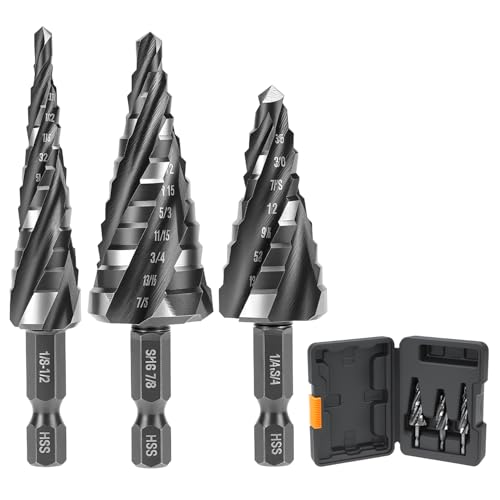 QWORK Stufenbohrer-Set, 3-teiliges HSS-Stufenbohrer, 1/4-Zoll-Schaftgrößen 1/8-Zoll-7/8 Zoll für Aluminium, Holz, Kunststoff, Metall QWORK Stufenbohrer-Set, 3-teiliges HSS-Stufenbohrer, 1/4-Zoll-Schaftgrößen 1/8-Zoll-7/8 Zoll für Aluminium, Holz, Kunststoff, Metall von QWORK