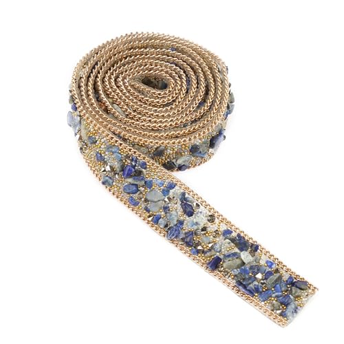 Rhinestone Strassband 1m – Hochwertiges 2cm breites Kristall - Bedazzlement + Ideal für Kleidung, Taschen, Schuhe, Hochzeitsdekoration' (Blau + Goldperlen + Goldkette) von QWUUYEC