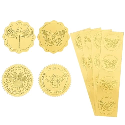 Einfache Aufkleber 1 Beutel mit 160 Stück, 4 Stile, goldene Umschlagaufkleber, Pfoten, Biene, Schmetterling, Libelle, Zertifikatsiegel, geprägte Folie, 5,1 cm, selbstklebend, rund(AECH06-05369) von QWWQYDY