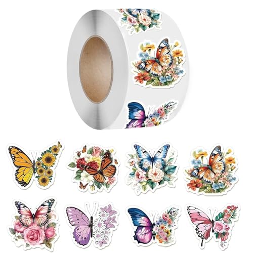 Einfache Aufkleber 500 Stück/1 Rolle, 3,8 cm/1,5 Zoll, Schmetterlings-/Blumenform, Aufkleber, Dekoration, Geschenkbox, Aufkleber, Etikett, Schreibwarenaufkleber(1.5inch 2) von QWWQYDY