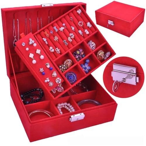QWWQYDY Schmuckaufbewahrung Doppelschichtige samtige Schmuckschatulle Halskette Aufbewahrungshalter großer Raum Ring Sarg Geburtstagsgeschenk(Red) von QWWQYDY