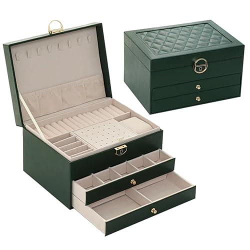 QWWQYDY Schmuckaufbewahrung Drei Schichten Retro Pu Schmuckschatulle mit Halskette Haken Ohrringe Ring Armband Aufbewahrungskoffer grüne Farben(Green) von QWWQYDY