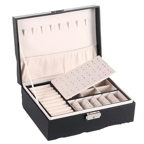 QWWQYDY Schmuckaufbewahrung Schmuckschatulle Mit Schloss, PU-Leder, Große Kapazität, Schmuck-Organizer, Schmuck-Display-Box For Armbänder, Ringe, Ohrstecker, Ohrringe(Black) von QWWQYDY