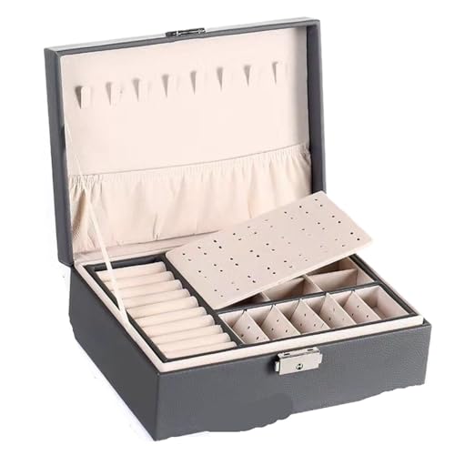 QWWQYDY Schmuckaufbewahrung Schmuckschatulle Mit Schloss, PU-Leder, Große Kapazität, Schmuck-Organizer, Schmuck-Display-Box For Armbänder, Ringe, Ohrstecker, Ohrringe(Gray) von QWWQYDY