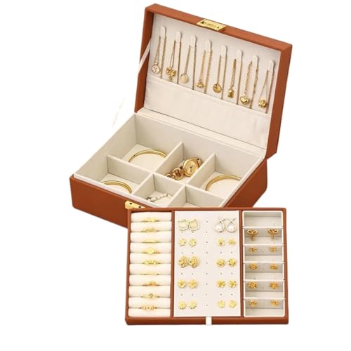 QWWQYDY Schmuckaufbewahrung Schmuckschatulle Mit Schloss, PU-Leder, Große Kapazität, Schmuck-Organizer, Schmuck-Display-Box For Armbänder, Ringe, Ohrstecker, Ohrringe(Orange) von QWWQYDY