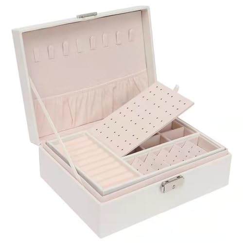 QWWQYDY Schmuckaufbewahrung Schmuckschatulle Mit Schloss, PU-Leder, Große Kapazität, Schmuck-Organizer, Schmuck-Display-Box For Armbänder, Ringe, Ohrstecker, Ohrringe(White) von QWWQYDY