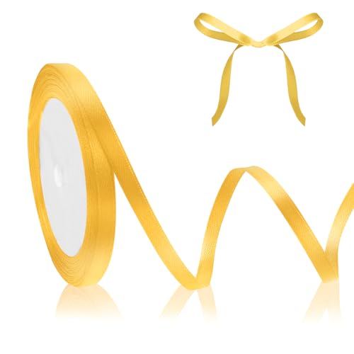 Gold Satinband Geschenkband Gelb 23m, 6mm Breite, Schleifenband, Dekoband Dick Stoffband für Hochzeit Halloween Weihnachten Taufe Geburtstag Bastelarbeit Geschenkverpackung Seidenband von QWZify