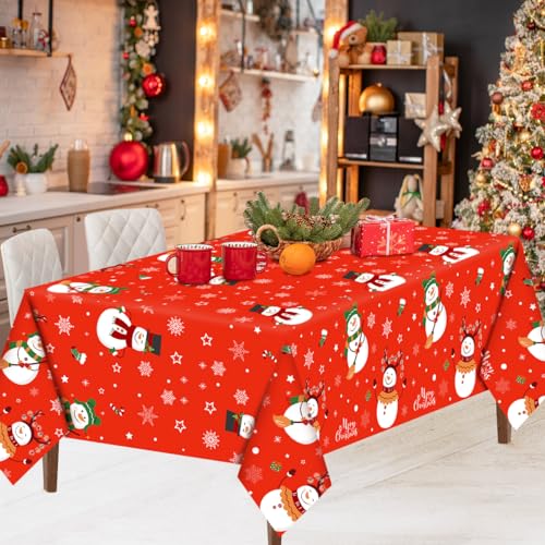 QXRXN Tischdecke Weihnachten, Rechteckig, 274 x 137 cm, Plastik/100%, Weihnachtlich, Snowman, Cartoon, Lichtbeständig, Wipe Clean von QXRXN