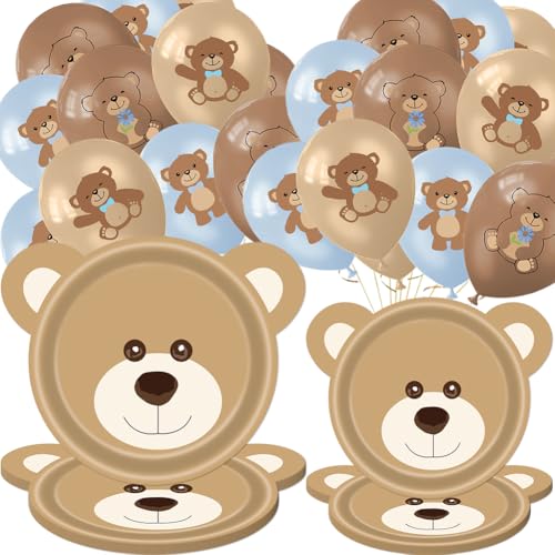 Bären Pappteller, Bär Ballons Geburtstag, Plüschbär Geburtstag Deko Partygeschirr Set,Bären Luftballon Tiere Ballons,Geburtstag Geschirr Set mit Teller (32PCS, 10Gäste) von QYEHF