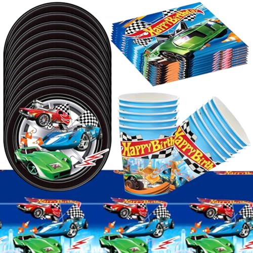 QYEHF Cars Partygeschirr Set, Racing Party Geschirr, 53-teiliges Set für 16 Gäste, Rot, Schwarz, 16 Tassen, 16 Teller, 20 Papiertücher, 1 Tischdecke von QYEHF