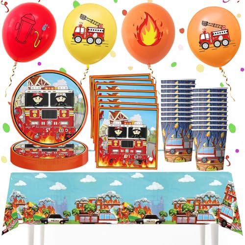 QYEHF Feuerwehrmann Partygeschirr, 65-teiliges Set für 20 Gäste, inkl. 20 Tassen, 20 Tellern, 20 Papiertüchern, 1 Tischdecke, 4 Ballons, perfekt für Feuerwehrmann-Thematische Geburtstagsfeiern von QYEHF