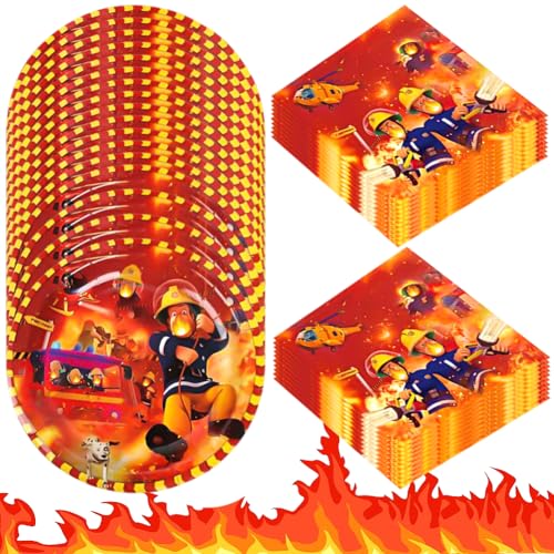 Fireman Geschirr Set,Feuerwehr Geburtstag Deko,Feuerwehrmann Partygeschirr,Papier, Teller,für Feuerwehrmann Thematische Geburtstagsdekorationen (40PCS, 20Gäste) von QYEHF