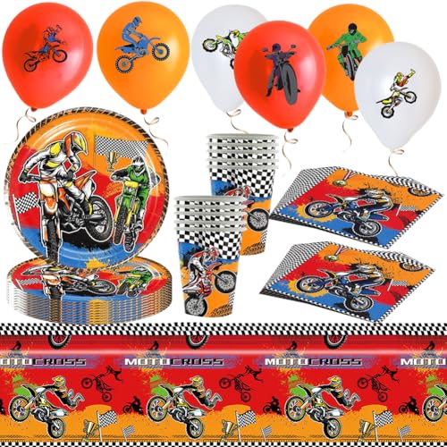 Motocross ballon,Racing Car Party Supplies, Motorrad Geschirr，Rennauto Motorrad Luftballons Rennauto Geburtstag Deko,Servietten Tischdecke Pappteller Geschirr Set，(47PCS,10Gäste) von QYEHF