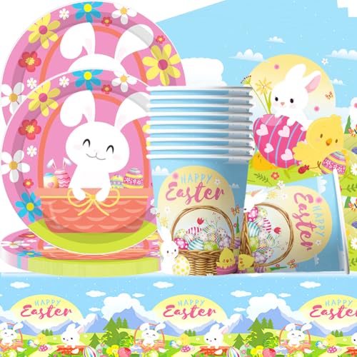 Oster-Party-Pappteller, Osterhase Partyteller Set,Oster Geburtstagspartyzubehör, 41PCS Tischdecke,Pappteller,Servietten,Pappbecher,Partygeschirr für Ostermottoparty-Dekorationen, 10 Gäste von QYEHF