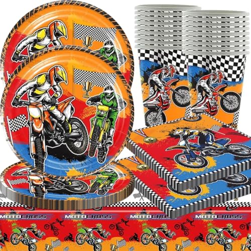 Racing Car Party Supplies, Motorrad Geschirr， Motorrad geburtstage Partygeschirr,Servietten Tischdecke Pappteller Geschirr Set Party Supplies (41PCS,10Gäste) von QYJMLH