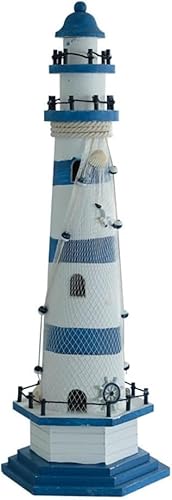 QYMDRION Blau und Weiß gestreift Leuchtturm-Dekor –Handgefertigter Leuchtturm aus Holz, Strand-Stil, Tischdekoration, Heimdekoration, 38 cm (38 Centimeters) von QYMDRION