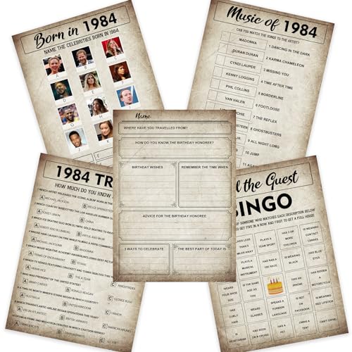 QZCYU Partyspiele zum 40. Geburtstag – 1984 Geburtstagsspiele Bundle für Frauen oder Männer, Set mit 5 Aktivitäten für 50 Gäste, doppelseitig bedruckt, geeignet für Geburtstagsparty-Ideenspiele von QZCYU