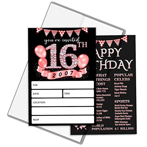 QZCYU Sweet 16 Geburtstagsparty-Einladungen mit Umschlägen für Mädchen, doppelseitig, 16. Geburtstag, Party-Dekoration, 20 Stück von QZCYU