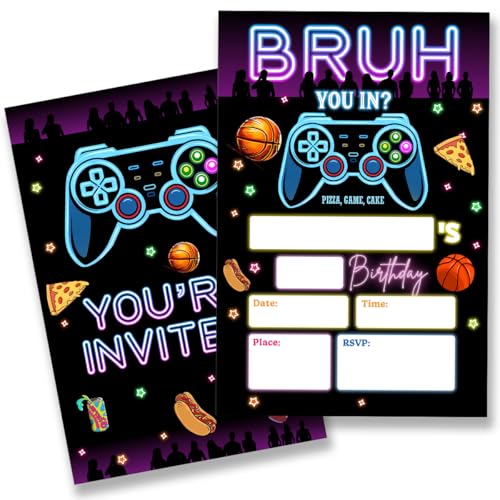 QZJ Bruh Geburtstagsparty-Einladungen mit Umschlägen, Set mit 20 Neon-Gamer-Geburtstagseinladungen, blanko, doppelseitig QZJ Bruh Geburtstagsparty-Einladungen mit Umschlägen, Set mit 20 Neon-Gamer-Geburtstagseinladungen, blanko, doppelseitig von QZJ