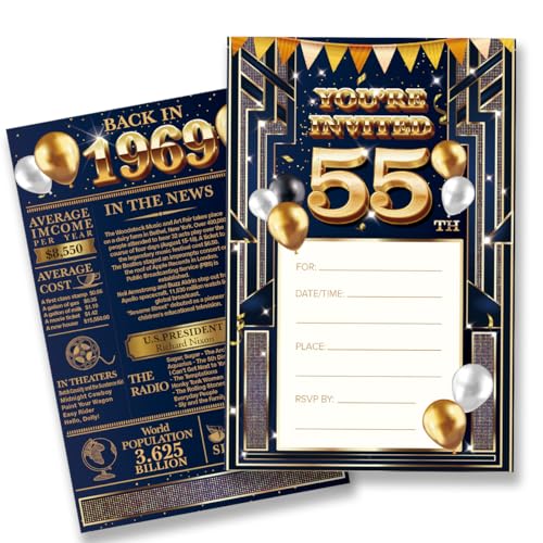 QZJ Einladungskarten zum 55. Geburtstag – Zurück in 1969 Einladungen zum 55. Geburtstag, Einladungs-Set für den Geburtstag (20 Einladungen und Umschläge) von QZJ