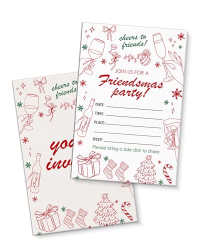 QZJ Friendsmas Einladungen für Weihnachtsfeiern, mit Umschlägen, Set mit 20 Cocktail-, Weihnachts-, Urlaubsparty-Einladungen, zum Ausfüllen, blanko, doppelseitig von QZJ