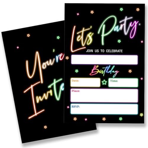 QZJ Let's Party Geburtstagseinladungen mit Umschlägen, Set mit 20 Stück, Retro, leuchtend, Neon, Geburtstagsparty-Einladung, zum Ausfüllen, blanko, doppelseitig QZJ Let's Party Geburtstagseinladungen mit Umschlägen, Set mit 20 Stück, Retro, leuchtend, Neon, Geburtstagsparty-Einladung, zum Ausfüllen, blanko, doppelseitig von QZJ
