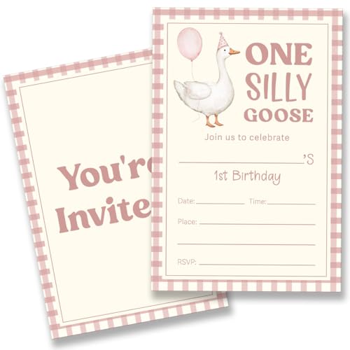 QZJ One Silly Goose Geburtstagseinladungen mit Umschlägen, Set mit 20 Einladungen für Mädchen, zum 1. Geburtstag, blanko, doppelseitig QZJ One Silly Goose Geburtstagseinladungen mit Umschlägen, Set mit 20 Einladungen für Mädchen, zum 1. Geburtstag, blanko, doppelseitig von QZJ