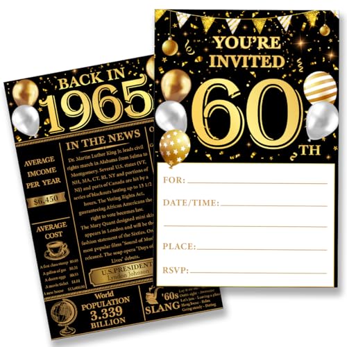QZJ Party-Einladungen zum 60. Geburtstag – Zurück in 1965: 20 Einladungen und Umschläge mit vintage Design und Goldakzenten für Frauen und Männer QZJ Party-Einladungen zum 60. Geburtstag – Zurück in 1965: 20 Einladungen und Umschläge mit vintage Design und Goldakzenten für Frauen und Männer von QZJ
