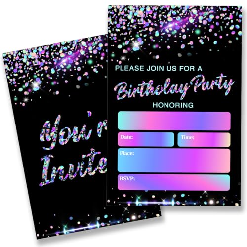 QZJ Schwarze und glitzernde Geburtstagsparty-Einladungen mit Umschlägen, Set mit 20 Geburtstagseinladungen für Jungen und Mädchen, blanko, doppelseitig QZJ Schwarze und glitzernde Geburtstagsparty-Einladungen mit Umschlägen, Set mit 20 Geburtstagseinladungen für Jungen und Mädchen, blanko, doppelseitig von QZJ