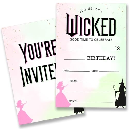 QZJ Wicked Geburtstagsparty-Einladungen mit Umschlägen, 20 Stück, rosa und grün, zum Ausfüllen, blanko, doppelseitig QZJ Wicked Geburtstagsparty-Einladungen mit Umschlägen, 20 Stück, rosa und grün, zum Ausfüllen, blanko, doppelseitig von QZJ