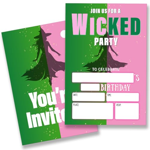 QZJ Wicked Geburtstagsparty-Einladungen mit Umschlägen, Set mit 20 grün-rosa Hexen-Geburtstagseinladungen, blanko, doppelseitig QZJ Wicked Geburtstagsparty-Einladungen mit Umschlägen, Set mit 20 grün-rosa Hexen-Geburtstagseinladungen, blanko, doppelseitig von QZJ