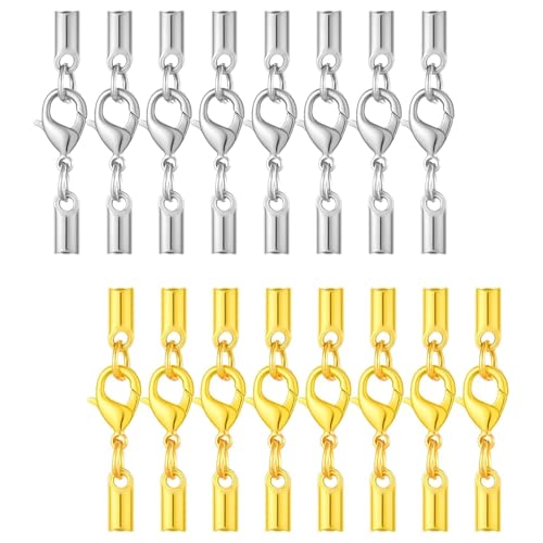 QZKJQDD 16 Stück Edelstahl Armband Verschluss, Kettenverschlüsse Verbinder mit Kordelenden, Lederband Kette Karabiner für DIY Halskette Clipverschluss Schmuckherstellung (Gold, Silber) von QZKJQDD
