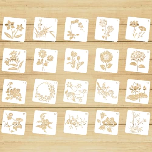 QZKJQDD 20 Stück Schablonen, Blumen Malschablonen, Plastik Malschablonen, Wiederverwendbare Plastikschablone für DIY-Geschenkkarten, Kindergeschenke, Holz, Bodenbeläge, Scrapbooking-Basteldekoration von QZKJQDD