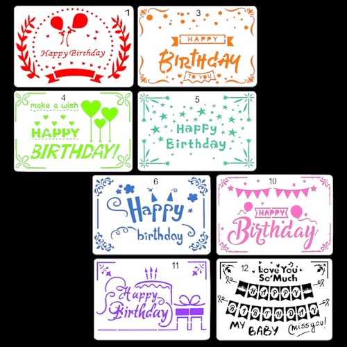 QZKJQDD 8 Stück Geburtstag Schablonen, Malschablonen, Schablonen Kinder, Schablonen Textilgestaltung, Schablonen Malen, Wiederverwendbare Happy Birthday-Malvorlage (12,7cm x 17,8cm) von QZKJQDD