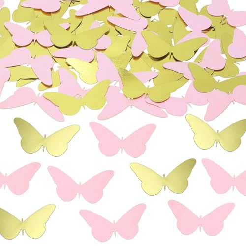 QZKJQDD Schmetterling Konfetti, 100 Stück Geburtstagsdeko, Geburtstagsdeko Tisch, Konfetti Geburtstag, Geeignet für Geburtstagsfeiern, Hochzeiten, Feiertagsfeiern, Streudekorationen usw (Gold + Rosa) von QZKJQDD