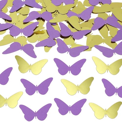QZKJQDD Schmetterling Konfetti, 100 Stück Geburtstagsdeko, Geburtstagsdeko Tisch, Konfetti Geburtstag, Geeignet für Geburtstagsfeiern, Hochzeiten, Feiertagsfeiern, Streudekorationen usw (Gold + Lila) von QZKJQDD